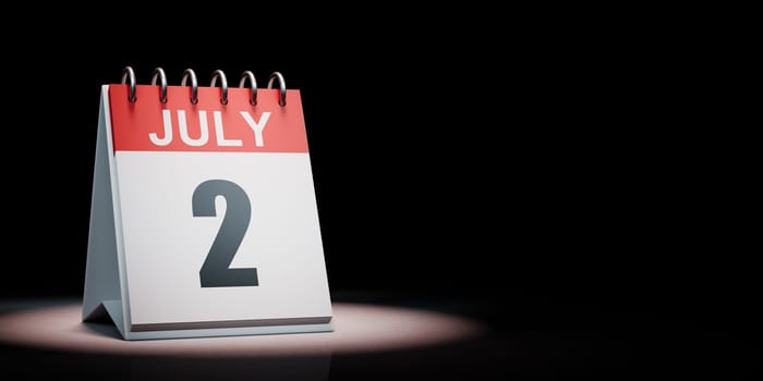 Red and White July 2 Desk Calendar Spotlighted on Black Background with Copy Space 3D Illustration