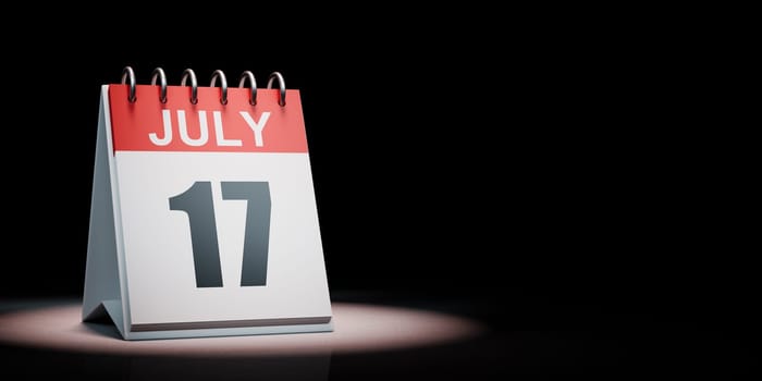 Red and White July 17 Desk Calendar Spotlighted on Black Background with Copy Space 3D Illustration