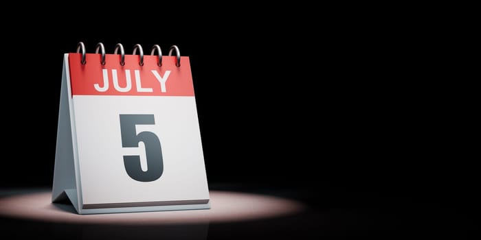 Red and White July 5 Desk Calendar Spotlighted on Black Background with Copy Space 3D Illustration