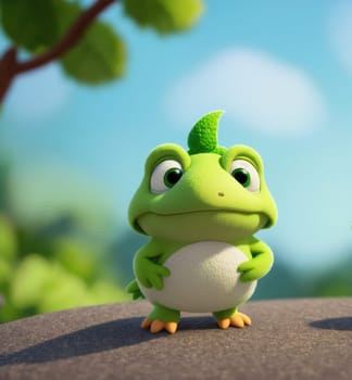 The image shows a small green lizard standing on a rock in a forest, looking up at the sky.