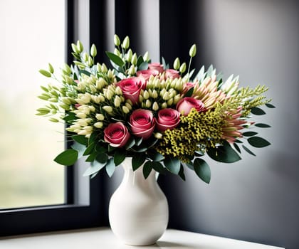 The image is a vase filled with pink and white flowers on a table in front of a window.