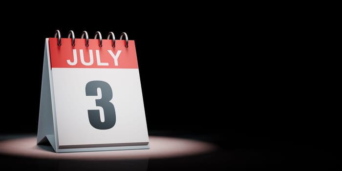 Red and White July 3 Desk Calendar Spotlighted on Black Background with Copy Space 3D Illustration