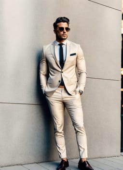 The image shows a man wearing a white suit and sunglasses standing in front of a brick wall.