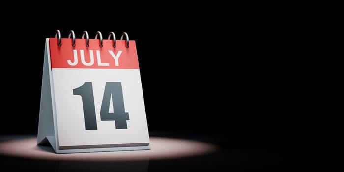 Red and White July 14 Desk Calendar Spotlighted on Black Background with Copy Space 3D Illustration