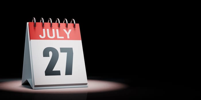 Red and White July 27 Desk Calendar Spotlighted on Black Background with Copy Space 3D Illustration