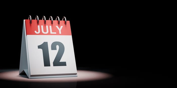 Red and White July 12 Desk Calendar Spotlighted on Black Background with Copy Space 3D Illustration