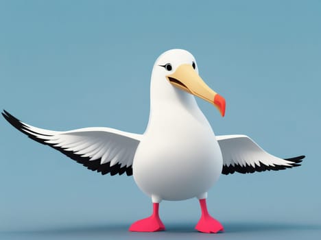 The image is a cartoon seagull standing on one leg with its wings spread out to the side.