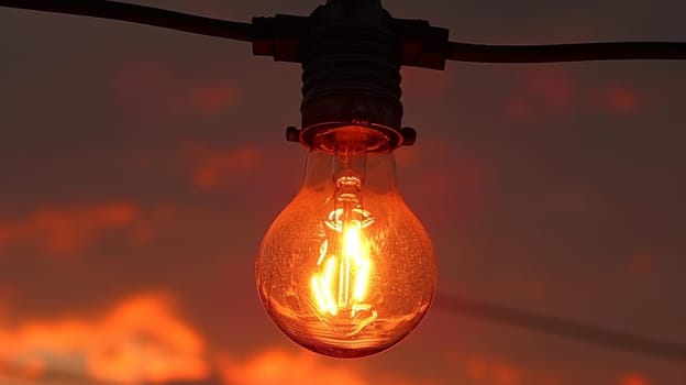 A close up of a light bulb with the sun setting in front