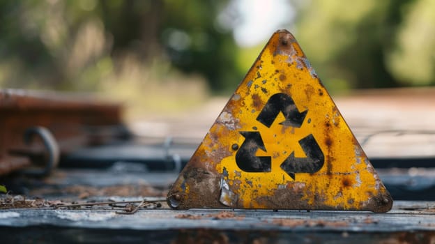 A yellow triangle sign on a rusty rail with recycling symbol