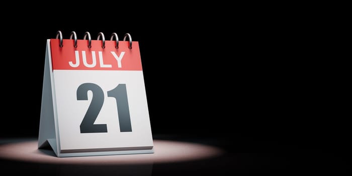 Red and White July 21 Desk Calendar Spotlighted on Black Background with Copy Space 3D Illustration