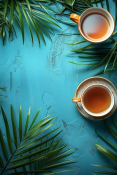 Two cups of tea are on a blue table with palm leaves