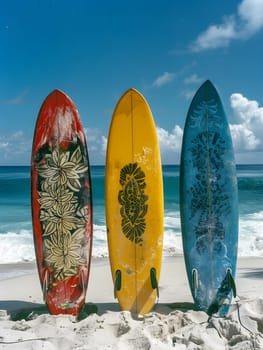 Three surfboards are neatly placed on the sandy beach, ready to catch the waves under the beautiful sky and fluffy clouds. The perfect setup for a day of surfing in natures liquid playground