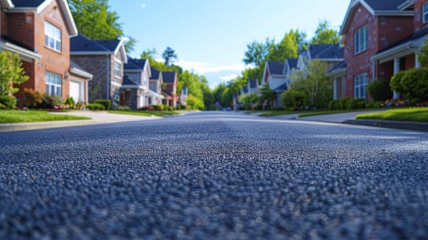 A view of a street with houses on it and grass