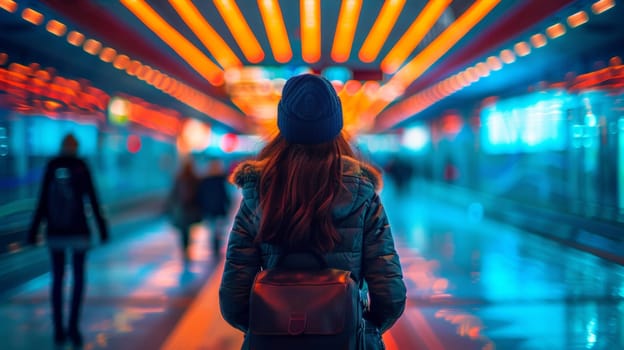 A woman with a backpack walking down an empty hallway