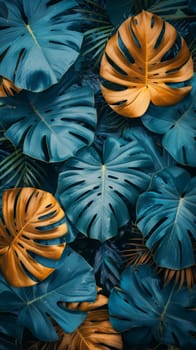 A close up of a tropical leaf pattern with blue and orange leaves
