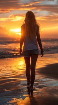 A woman walking on the beach at sunset with her hair blowing in the wind