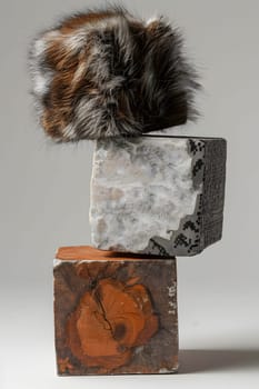 A fashion accessory made of natural fur, a furry hat, is displayed on top of a stack of wooden blocks. The rectangular blocks are painted with colorful art, creating a visually appealing display