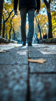 A person walking down a sidewalk with leaves on the ground