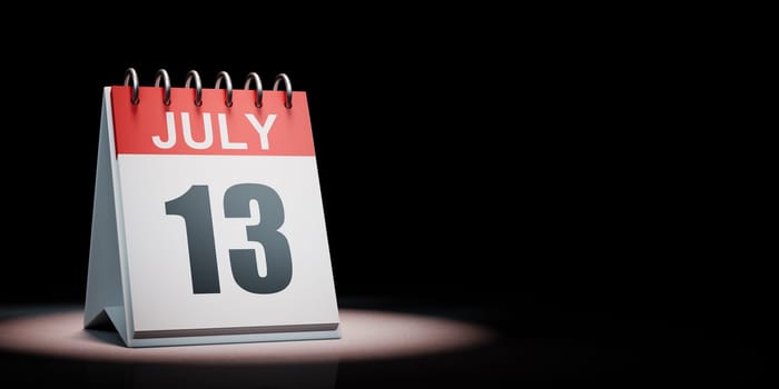 Red and White July 13 Desk Calendar Spotlighted on Black Background with Copy Space 3D Illustration