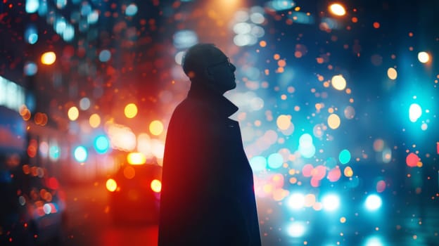 A man standing in the middle of a street with lights all around him