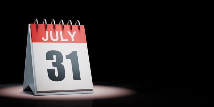 Red and White July 31 Desk Calendar Spotlighted on Black Background with Copy Space 3D Illustration