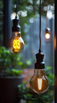 Two light bulbs hanging from a ceiling with plants in the background