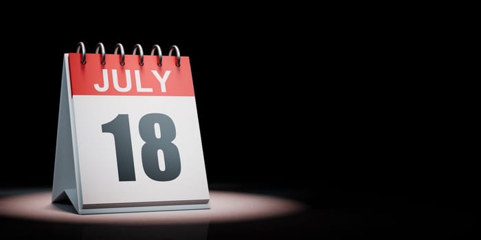 Red and White July 18 Desk Calendar Spotlighted on Black Background with Copy Space 3D Illustration