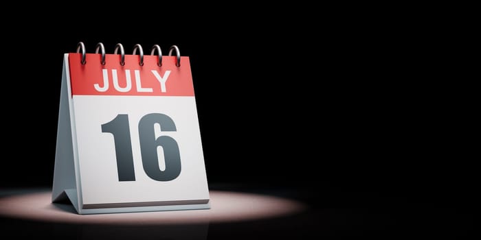 Red and White July 16 Desk Calendar Spotlighted on Black Background with Copy Space 3D Illustration