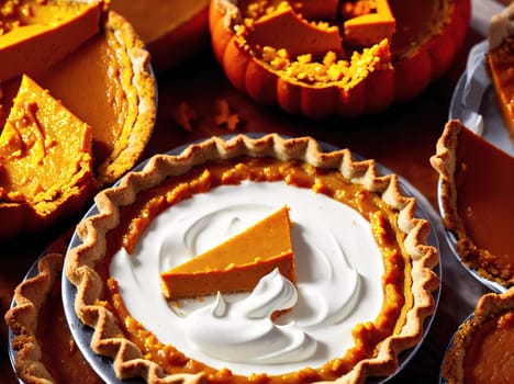 The image shows a variety of pumpkin pies with whipped cream topping on top.