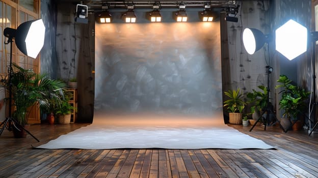 A photo studio with a backdrop and lights on the floor