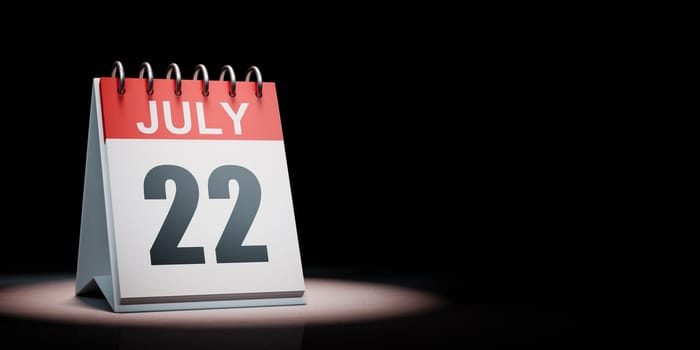 Red and White July 22 Desk Calendar Spotlighted on Black Background with Copy Space 3D Illustration