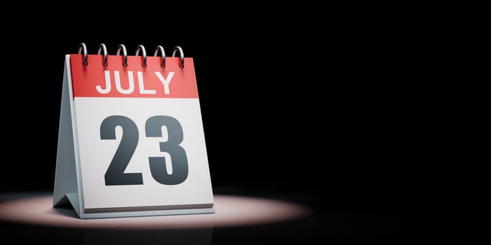 Red and White July 23 Desk Calendar Spotlighted on Black Background with Copy Space 3D Illustration