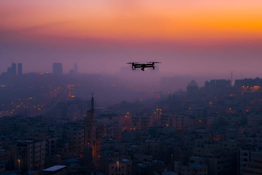 one drone over city at summer sunrise. Neural network generated image. Not based on any actual scene or pattern.