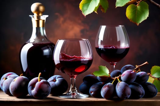 plum red wine in a glass and decanter against the background of ripe plums on the table.