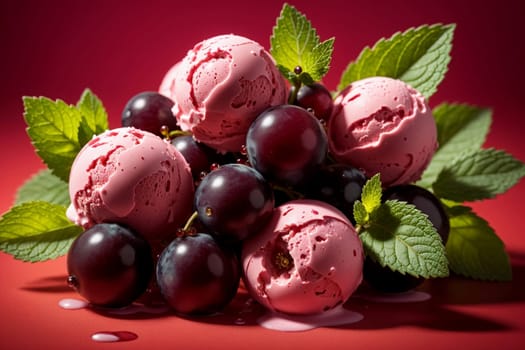 pink black currant ice cream isolated on red background .