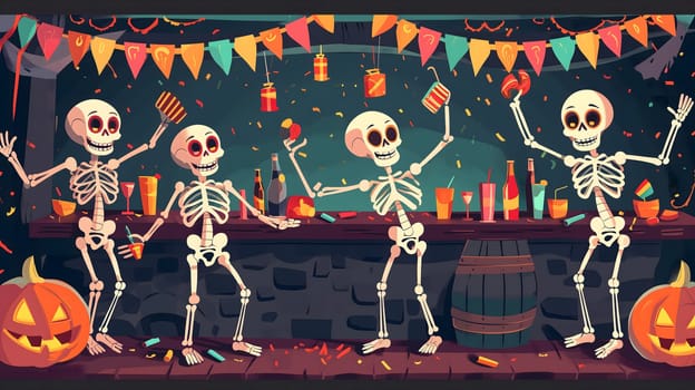 Skeletons sitting at the table and having a Halloween party. Neural network generated image. Not based on any actual scene or pattern.