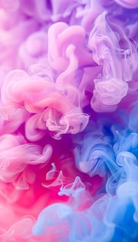 A closeup of pink, purple, and blue liquid swirling together in water, creating a mesmerizing display of colors reminiscent of petal art in shades of violet, magenta, and electric blue
