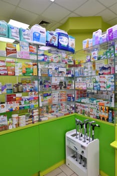 Moscow, Russia - OCT 19. 2023. Interior Tvoya Pharmacy in Zelenograd shopping complex