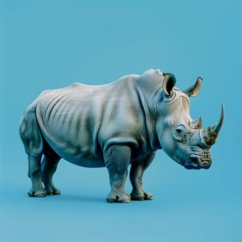 A statue of a rhinoceros, possibly representing a White, Black, Indian, or Sumatran rhinoceros, is showcased on a blue background, highlighting its natural material design and large horn