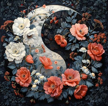 A crescent moon is depicted in a painting surrounded by an array of colorful flowers, including orange petals on peach colored flowering plants