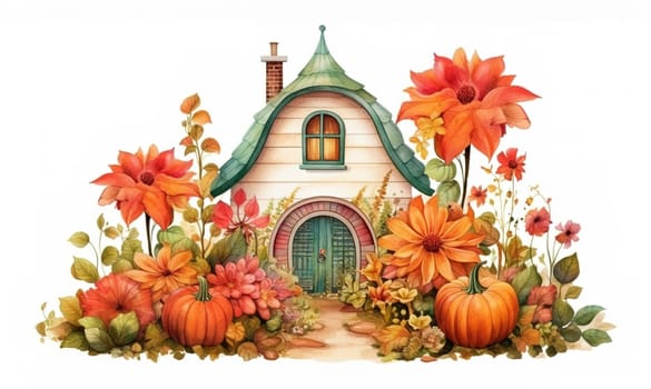 Charming wooden fairy house among orange dahlias and ripe pumpkins, beautiful turquoise roof and brick chimney, flower garden on a white background,Genereated AI