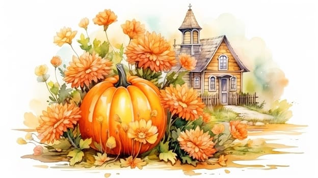 Charming wooden fairy house among orange dahlias and ripe pumpkins, beautiful roof and flower garden on a white background,Genereated AI