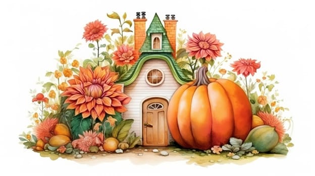 Charming wooden fairy house among orange dahlias and ripe pumpkins, beautiful turquoise roof and brick chimney, flower garden on a white background,Genereated AI