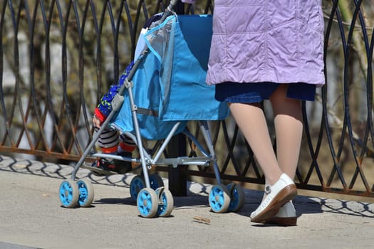 A woman with child in a stroller walks along the fence. Fragment