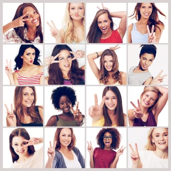 Collage, women and portrait with peace hand sign in a studio with smile and happy with diversity. Global, grid and emoji gesture with international group with about us and model recruitment together.