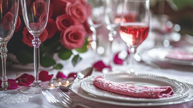 Festive table setting with cutlery, candles and beautiful red flowers in a vase.