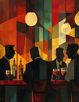 An art piece depicting three men enjoying wine at a table, showcasing tints and shades. This visual arts entertainment event features a window in the background