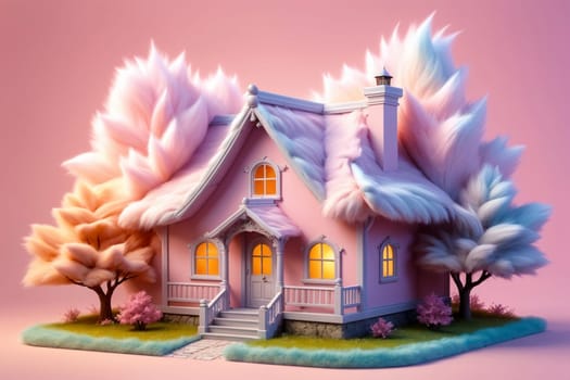 cozy warm house of pastel pink color in warm colors with a roof made of warm fur .