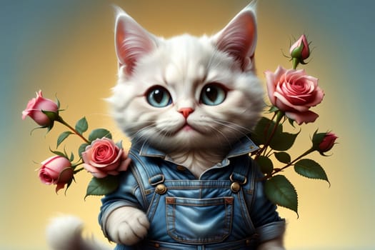 cute cat with a bouquet of roses .