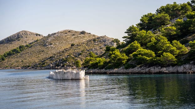Scenic landscape with hills, limestone rocks and Maritime pine trees on shore of Dugi Otok island in Adriatic Sea, Croatia